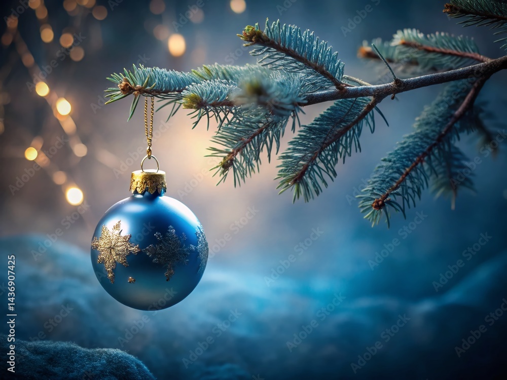Low Light Christmas Tree Ornament - Blue and Gold Decoration on Branch Low Light Christmas Tree Ornament - Blue and Gold Decoration on Branch