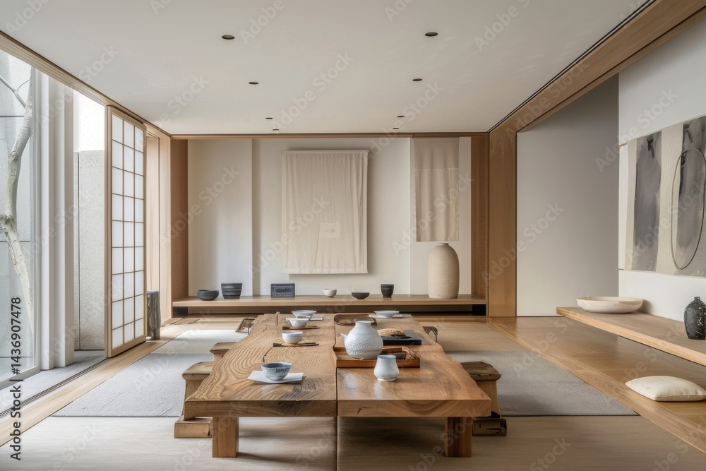 Fototapeta premium Zen japandi tea room featuring tatami mats, low wood table, ceramic set, minimal art, paper screens, natural light, and blurry zen atmosphere.