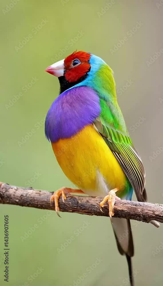 Colorful Gouldian finch perched on branch closes eyes briefly Colorful Gouldian finch perched on branch closes eyes briefly