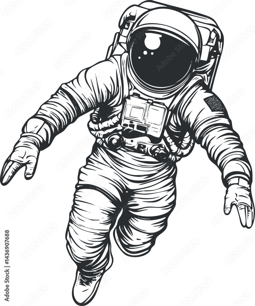 Black and white illustration of an astronaut floating in space wearing a detailed spacesuit and helmet Black and white illustration of an astronaut floating in space wearing a detailed spacesuit and helmet