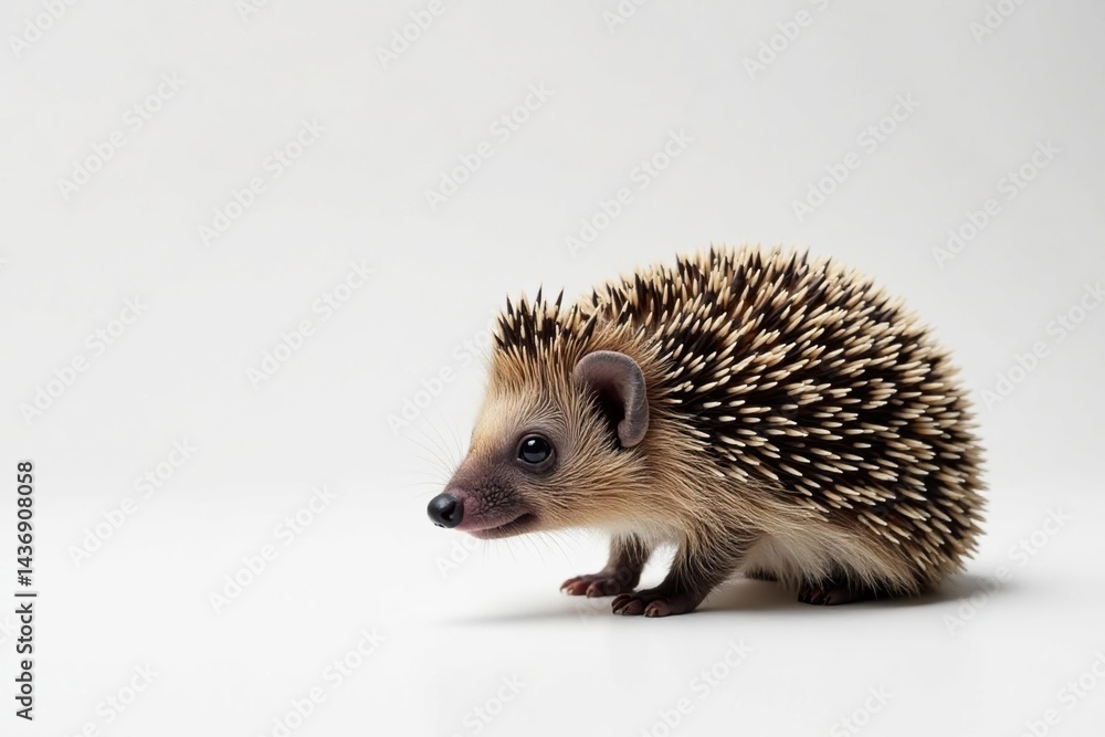 Obraz premium A lone hedgehog against a stark white backdrop, spines clearly visible, animal photography, closeup