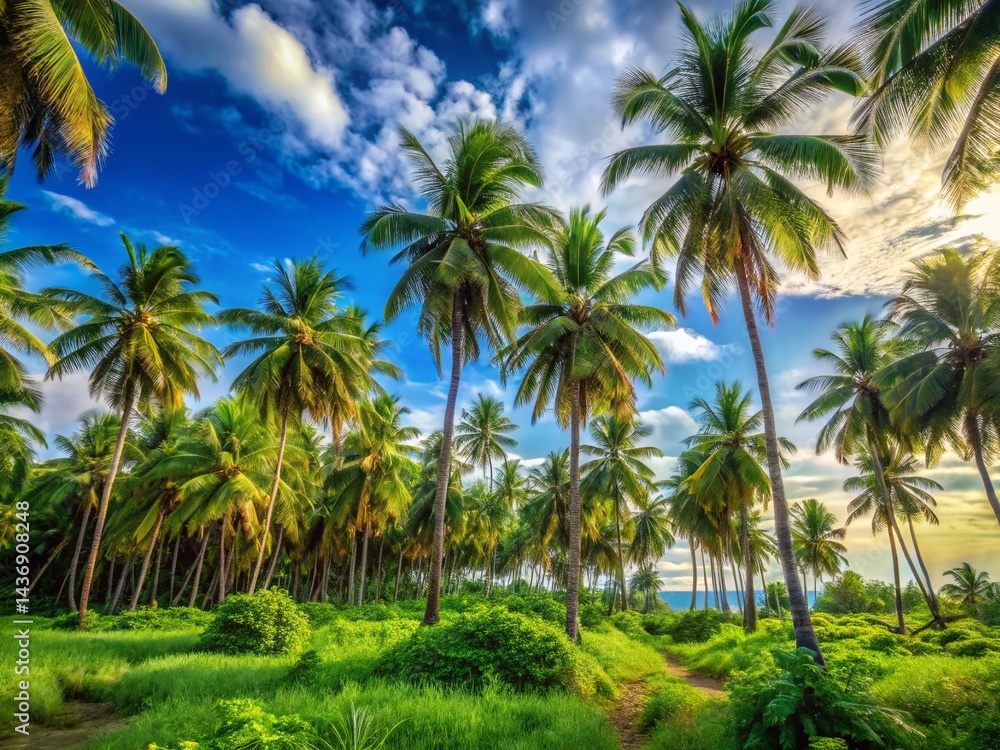 Lush Coconut Palm Trees on Tropical Island Beach, Sunny Sky - Peaceful Paradise Stock Photo Lush Coconut Palm Trees on Tropical Island Beach, Sunny Sky - Peaceful Paradise Stock Photo