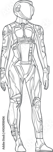 Outline sketch of a futuristic humanoid robot or android with detailed mechanical body parts