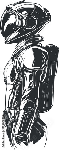 Black and white illustration of a futuristic astronaut in a detailed spacesuit with helmet and backpack viewed from the side.