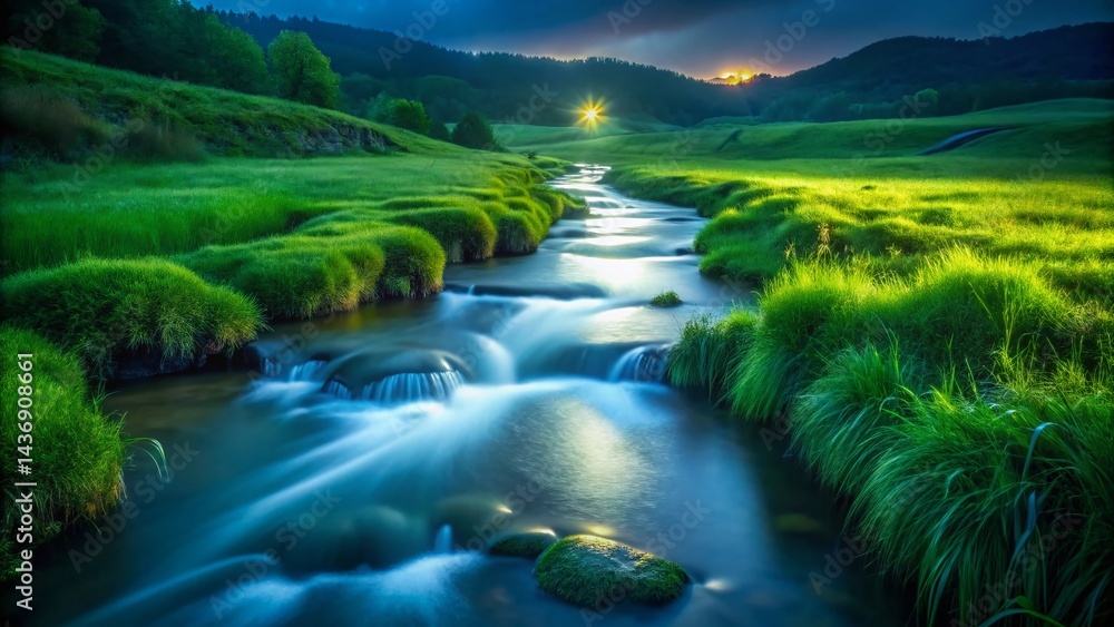 Fototapeta premium Lush Green Field Stream Water Night Low Light Photography