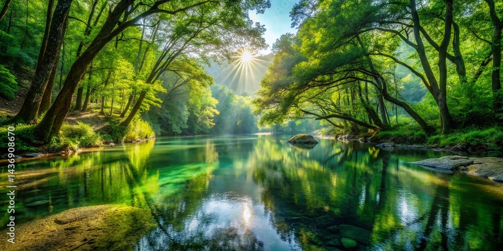 Fototapeta premium Lush Green Forest, Pristine River, Environmental Conservation