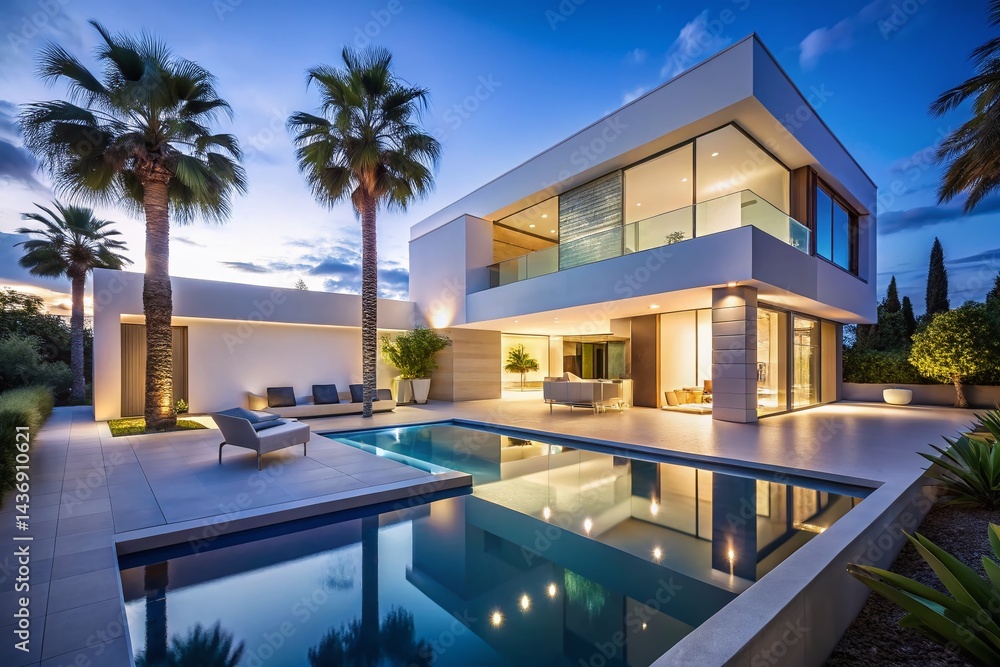 Fototapeta premium Luxurious White Modern Villa Night Poolside - Contemporary Architecture Stock Photo