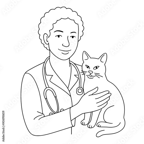 Veterinária brasileira com gato, fundo branco, ilustração linear, vetor SVG

