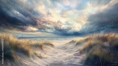 Serene Beach Path at Sunset Dramatic Sky Sandy Dunes Coastal Scene
