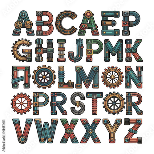 Industrial Steampunk Alphabet Vector: Mechanical Gear Letters