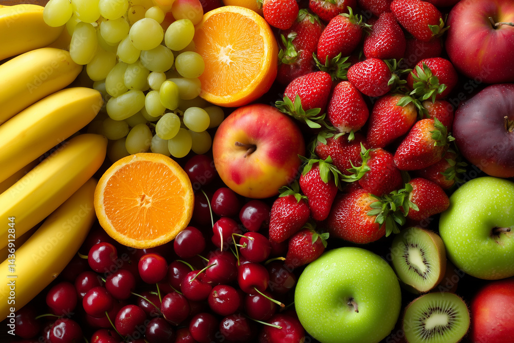 Fresh Assorted Fruits with Bananas, Strawberries, and Grapes Fresh Assorted Fruits with Bananas, Strawberries, and Grapes