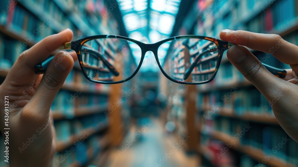 A hand holds glasses in focus against a blurred library aisle, symbolizing clarity and knowledge. Focused Library Perspective A hand holds glasses in focus against a blurred library aisle, symbolizing clarity and knowledge. Focused Library Perspective
