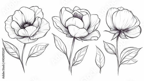 Elegant line art illustrations of blooming flowers.