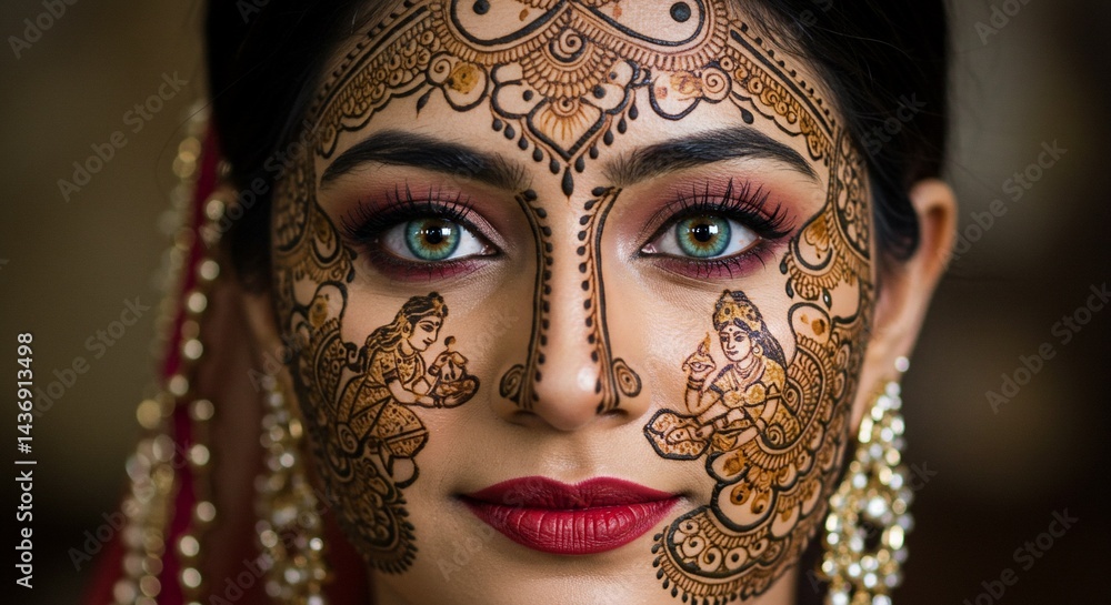 Close-up portrait of a woman's face adorned with intricate henna designs Close-up portrait of a woman's face adorned with intricate henna designs