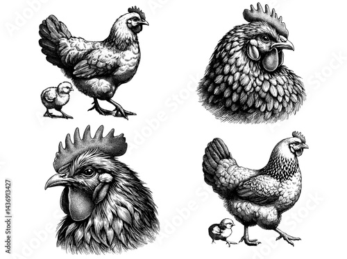 Vintage Chicken Collection Sketch Illustration, Hand-Drawn Farm Animals in Rustic Style, Detailed Rooster, Hen, and Chick Artworks