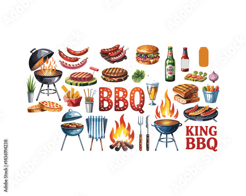 Watercolor BBQ Vector Set: Grilled Meat Cookout Food