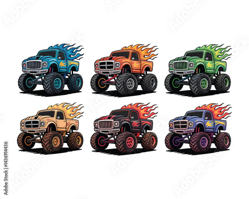 Cartoon Monster Trucks Vector Set: Colorful Flame Trucks