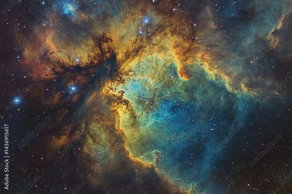 Fototapeta premium A breathtaking cosmic landscape of the Pelican Nebula, showcasing vibrant hues of gold, teal, and deep space's darkness, punctuated by glittering stars.