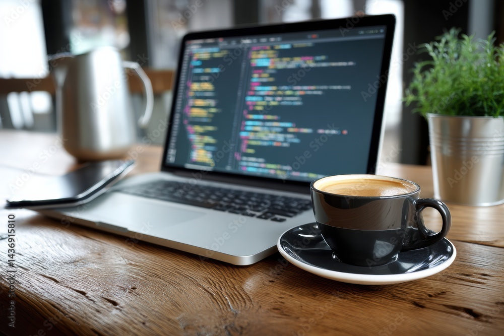 Laptop Sits on Wooden Table With Coffee and Coding Activity in a Minimal Startup Workspace During Daytime Laptop Sits on Wooden Table With Coffee and Coding Activity in a Minimal Startup Workspace During Daytime