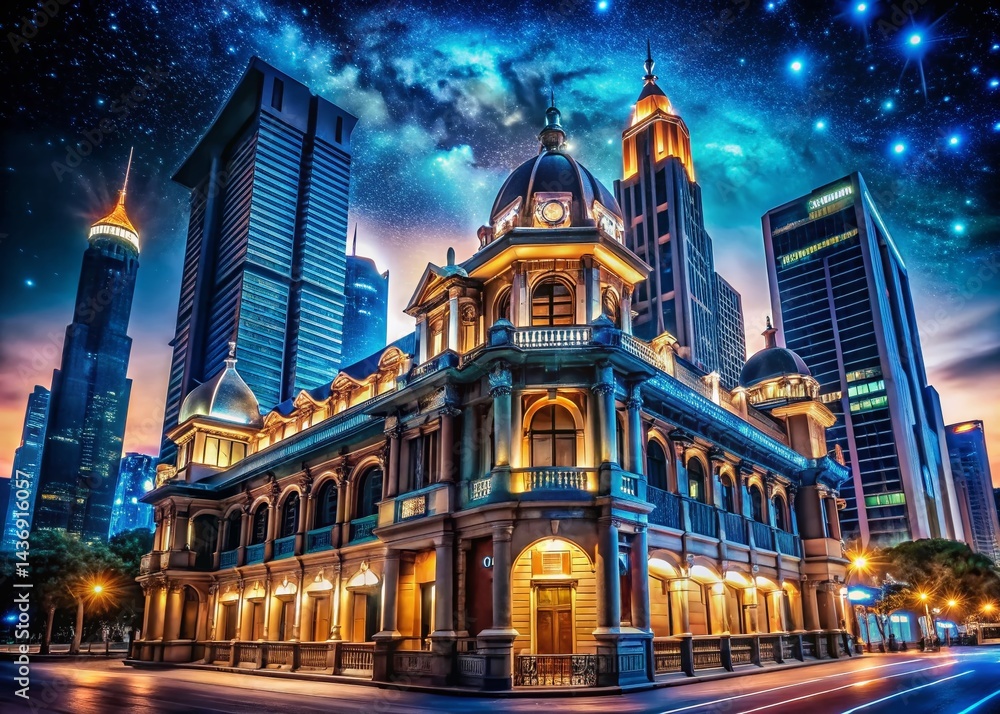Naklejka premium Majestic Night Sky Illuminates Architectural Marvel: Stunning Cityscape at Night