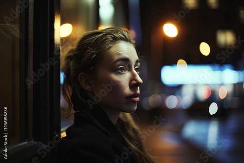 Young woman looking out the window in the city at night. Blurred background.