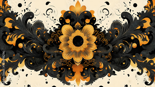 Ornate floral design with black and gold accents. photo