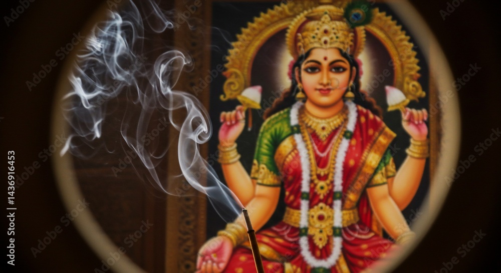 Obraz premium Lakshmi idol with incense creating a divine ambiance in the room.