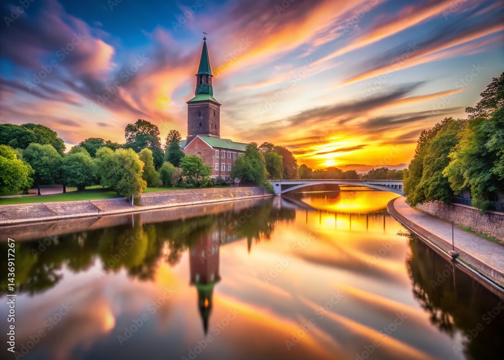 Obraz premium Majestic Turku Cathedral at Aura River, Finland: Stunning Sunset View