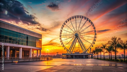 Obraz na płótnie Manila Bay Sunset: Minimalist Mall of Asia & Ferris Wheel Panorama w salonie