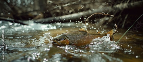An angler expertly catches a vibrant trout in the brisk, clear waters of a forest-stream. Catching River Trout
