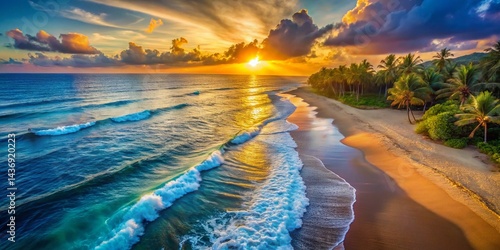 Minimalist Aerial View: Tropical Sunset Beach, Crashing Waves