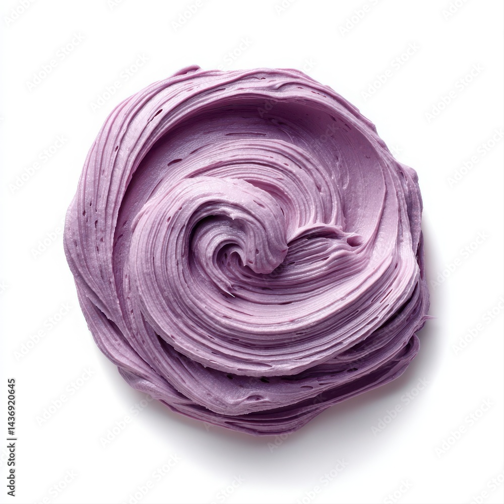 A top down view of a swirl of purple slime on a white surface with visible texture and light shadows A top down view of a swirl of purple slime on a white surface with visible texture and light shadows