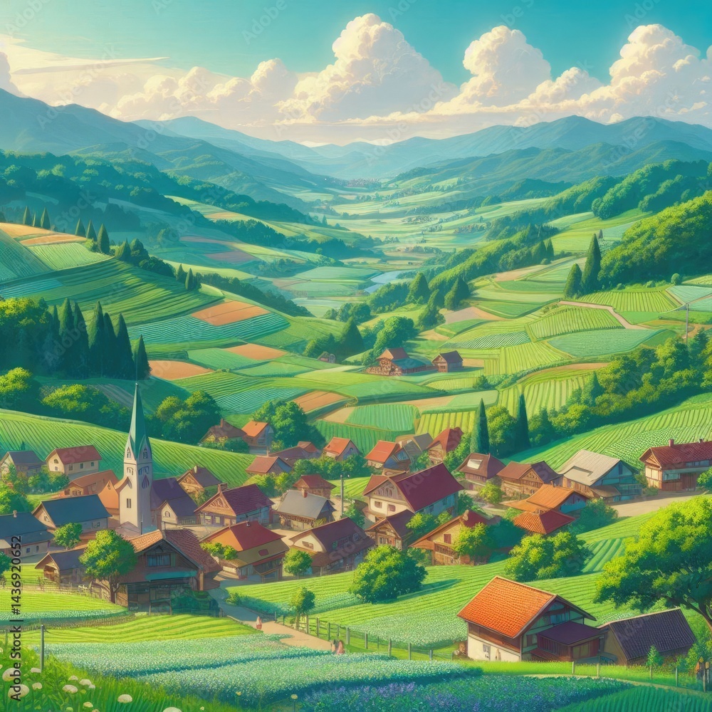 Rolling Hills and Countryside: Green fields, charming villages, and winding roads suggest simplicity, tradition, and a connection to the land, often used for food products, rural tourism, and heritage Rolling Hills and Countryside: Green fields, charming villages, and winding roads suggest simplicity, tradition, and a connection to the land, often used for food products, rural tourism, and heritage