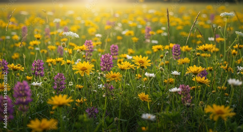 Obraz premium Wildflower Meadow with Daisies and Lupines in Sunlight