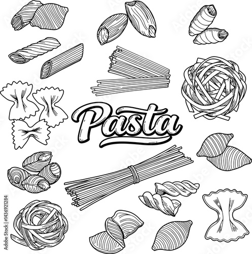 Black Sketch vector of various uncooked pasta shapes and "Pasta" lettering. line art highlights penne, spaghetti, farfalle, fusilli, conchiglie, and tagliatelle. Ideal for menu and food-related design