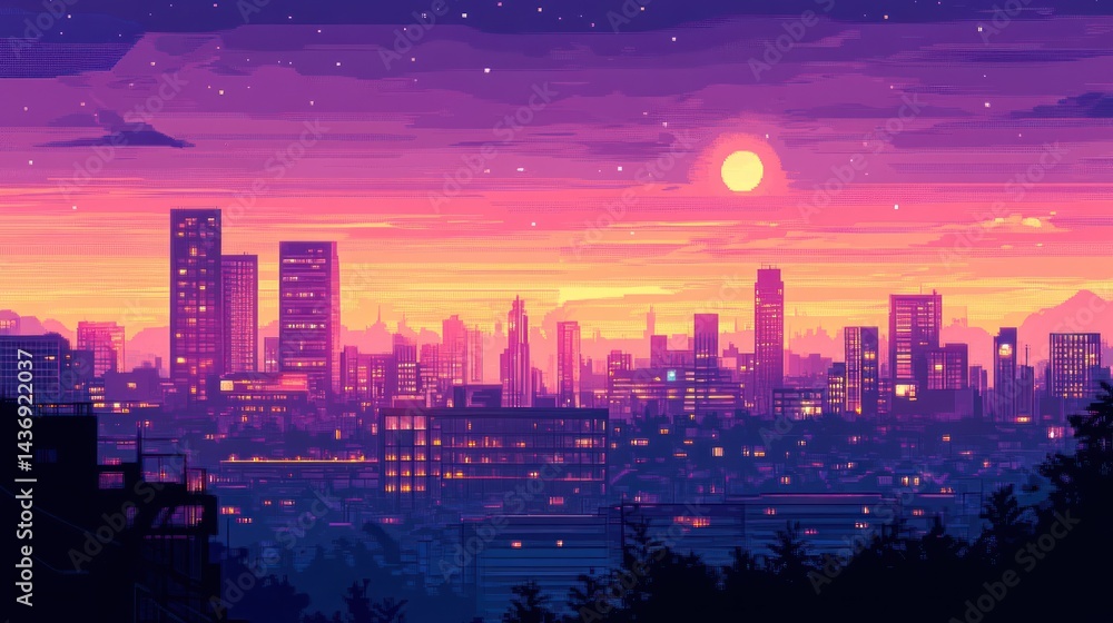 Obraz premium Pixel art cityscape sunset with vibrant colors and a full moon.