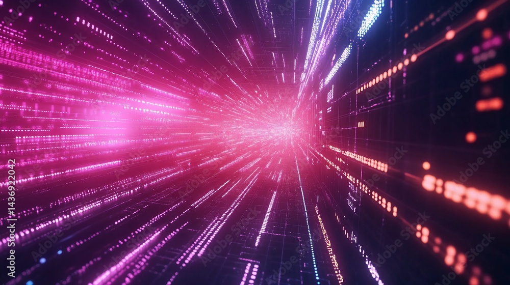 Neon Glowing Futuristic Data Infographic Structure Expanding Rapidly Across Cyberspace Neon Glowing Futuristic Data Infographic Structure Expanding Rapidly Across Cyberspace