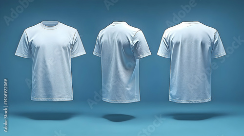 Three views of a light blue plain t-shirt on a  background.