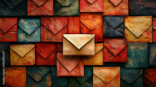 Colorful paper mail envelopes create a vibrant pattern.