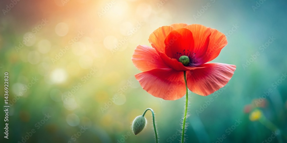 Obraz premium Minimalist Poppy Flower Field, Single Red Poppy Bloom, Elegant Floral Photography