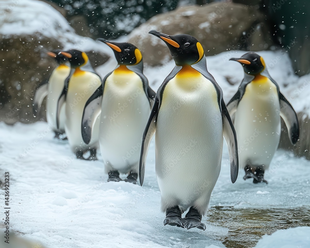 Fototapeta premium A shot of penguins walking on ice in a natural habitat, Wildlife, Cute and cold