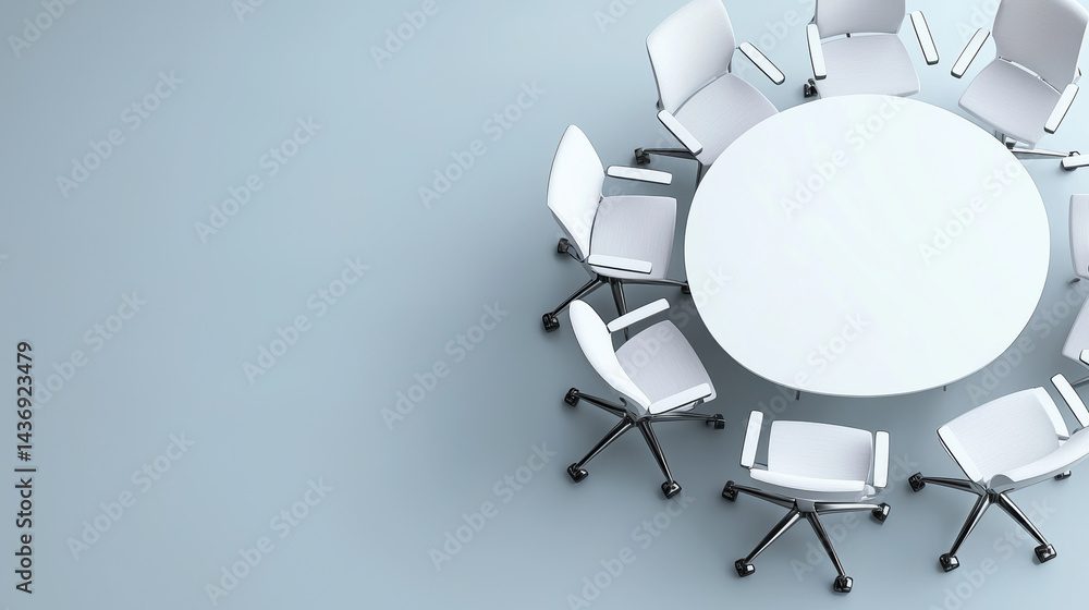 Fototapeta premium modern conference room setup featuring round table surrounded by white office chairs, creating collaborative atmosphere