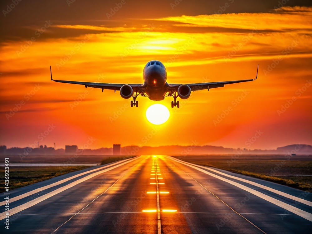 Fototapeta premium Minimalist Sunset Airplane Takeoff: Illuminated Runway & Silhouetted Plane