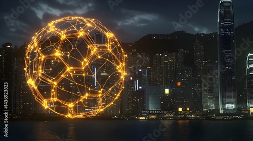 Neon High-Tech Soccer Ball Glowing Against Cityscape at Night