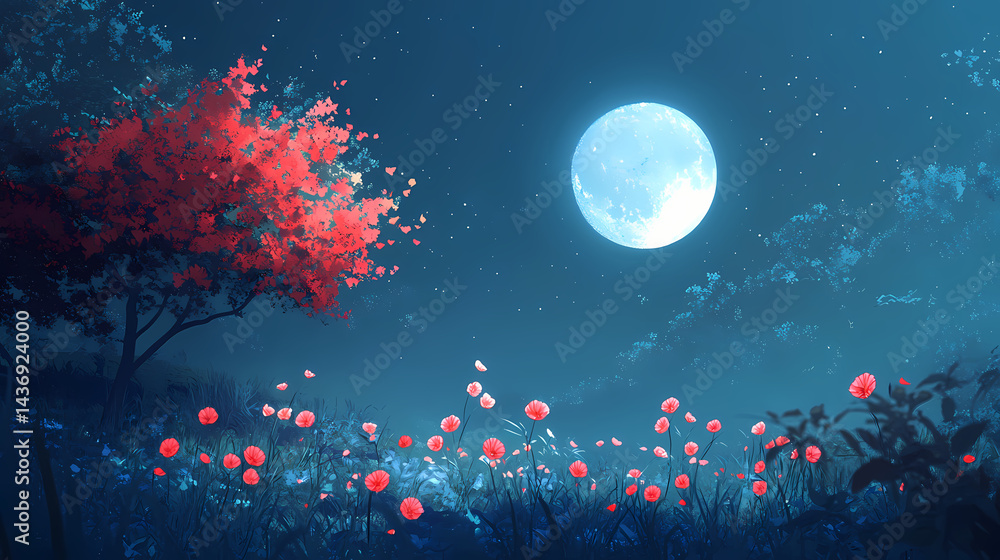 Serene garden with blooming flowers under moonlit glow, gentle glow,. Moonlit Blossom. Illustration Serene garden with blooming flowers under moonlit glow, gentle glow,. Moonlit Blossom. Illustration