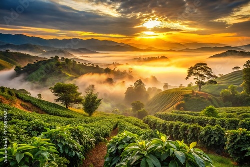 Misty Sunrise Coffee Plantation: Breathtaking Panoramic View of Lush Green Hills