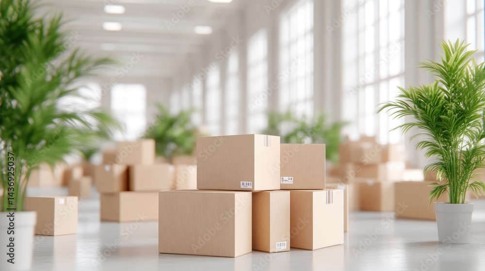 Empty warehouse, many cardboard boxes. Spacious, bright, modern Empty warehouse, many cardboard boxes. Spacious, bright, modern