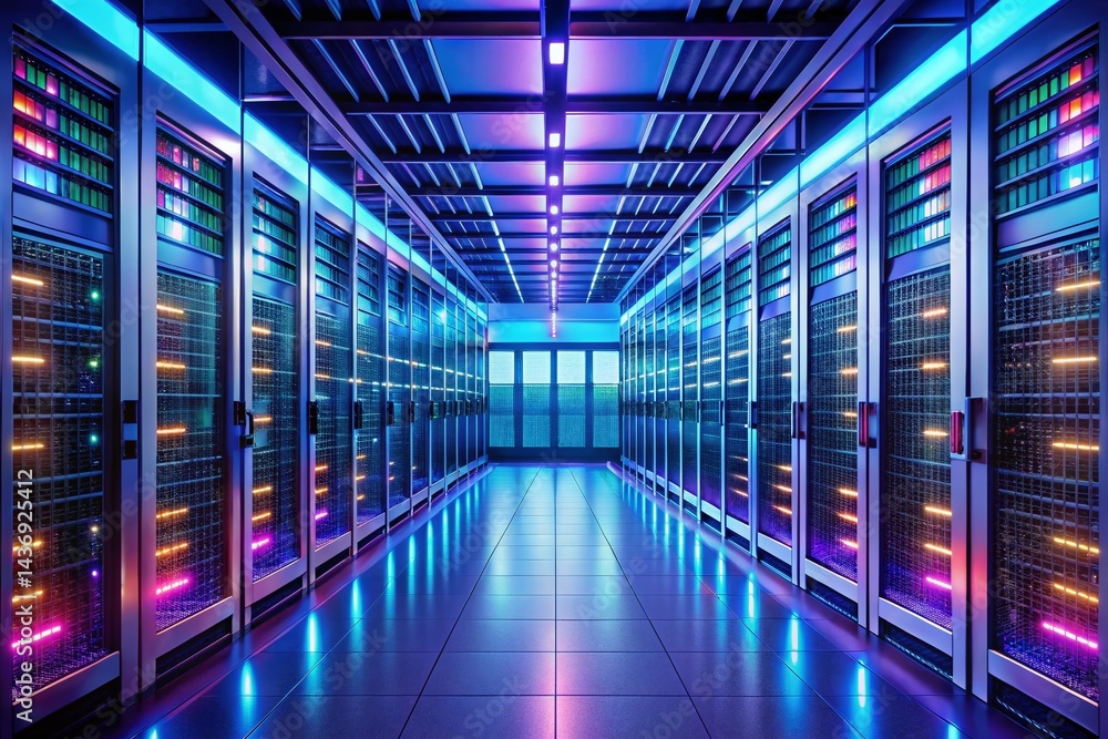 Modern Data Center Server Room: AI-Powered Infrastructure, Clean Technology, Network Servers, Rack Servers, Cloud Computing Modern Data Center Server Room: AI-Powered Infrastructure, Clean Technology, Network Servers, Rack Servers, Cloud Computing