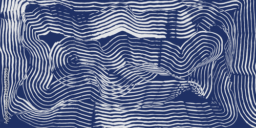 Crafted hand drawn brush line abstract rectangular spiral background in white and blue, Japanese and ethnic wood carving, engraving texture graphic for decoration, textile, carpet