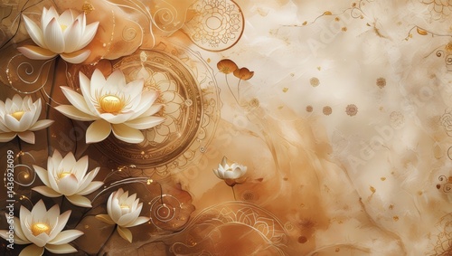 Elegant Lotus Flowers and Mandala Art on a Golden Themed Background